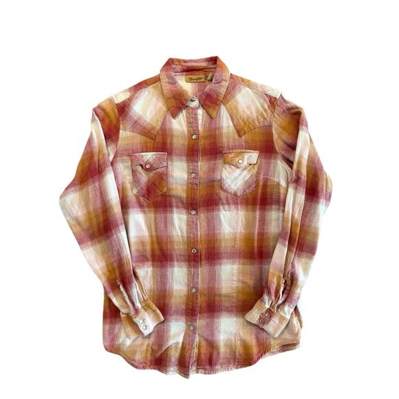 Wrangler Western Pearl Snap Shirt M Plaid Flannel Faded Rust Red Vintage Look - Picture 2 of 7